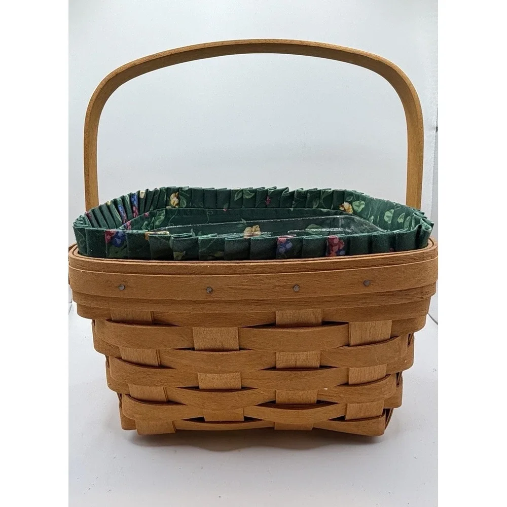 Longaberger Handwoven Basket 1996 w/ Emerald Vine Liner & Protector 8.5